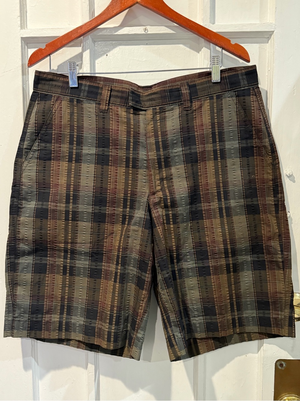 Patagonia Men's Plaid Shorts in Olive, Brown, and Black